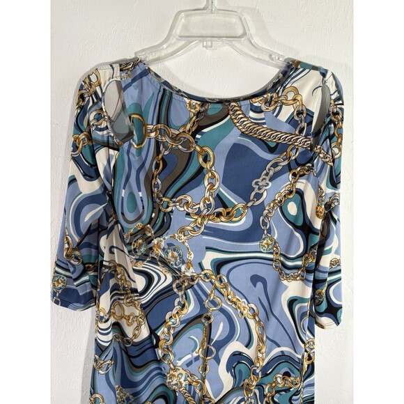 Patchington Women Blue Gold Chain Stretch Asymmetrical Small Open Shoulder Top - Picture 7 of 7